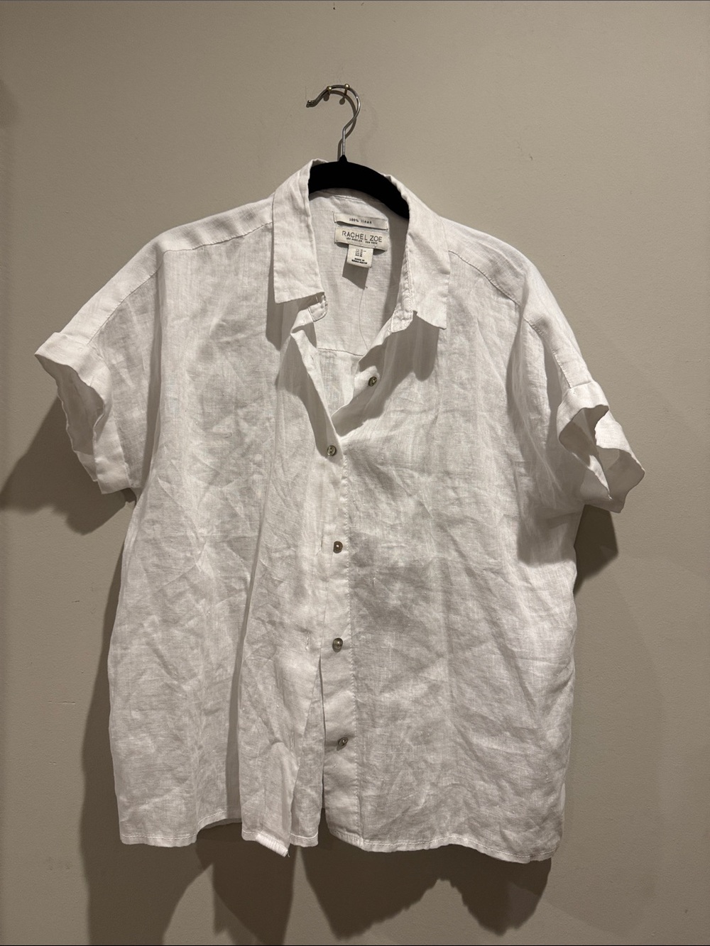Rachel Zoe White Short-Sleeve Linen Button-Down Shirt SZ M new cond